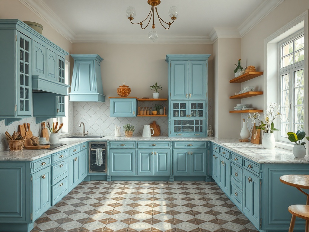 Светлая кухня в голубых тонах с плиточным полом и деревянными полками, украшенная растениями и посудой.