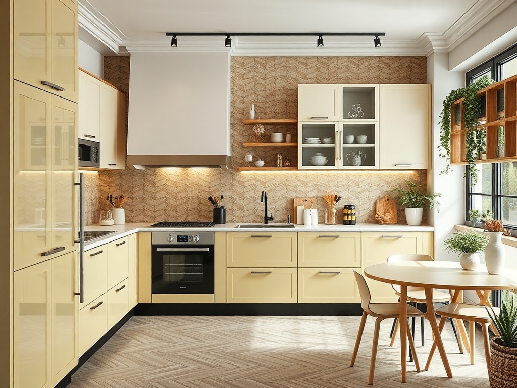 Современная кухня с желтыми шкафами, мраморной столешницей и обеденным столом возле окна. Роскошный интерьер.