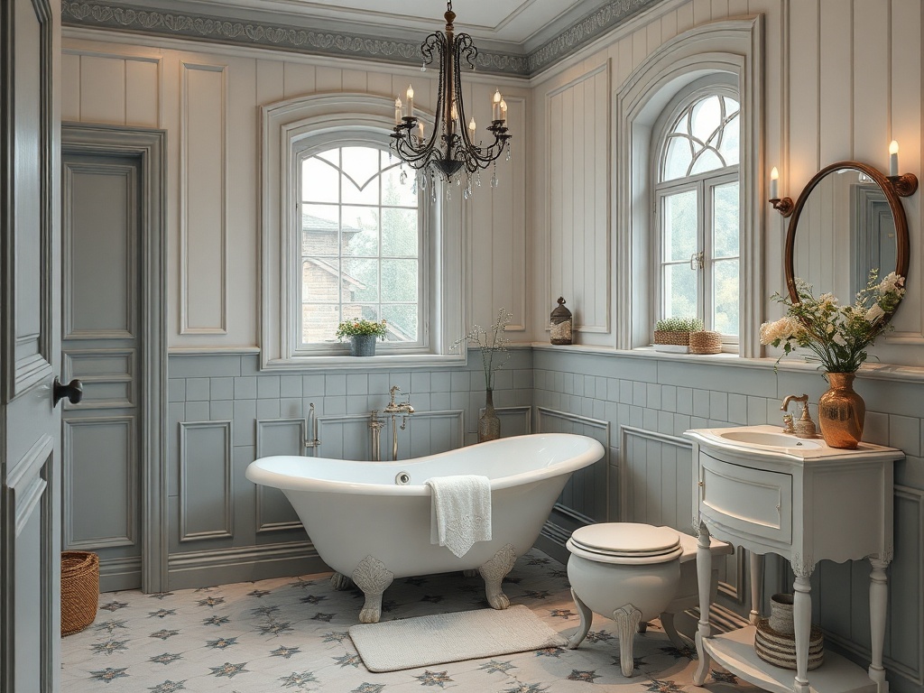 Современная ванная комната с ванной, светлой отделкой и большими окнами, украшенная люстрой и цветами.