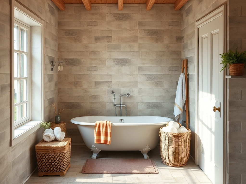 Современная ванная комната с ванной, текстильными принадлежностями и уютным светлым интерьером.