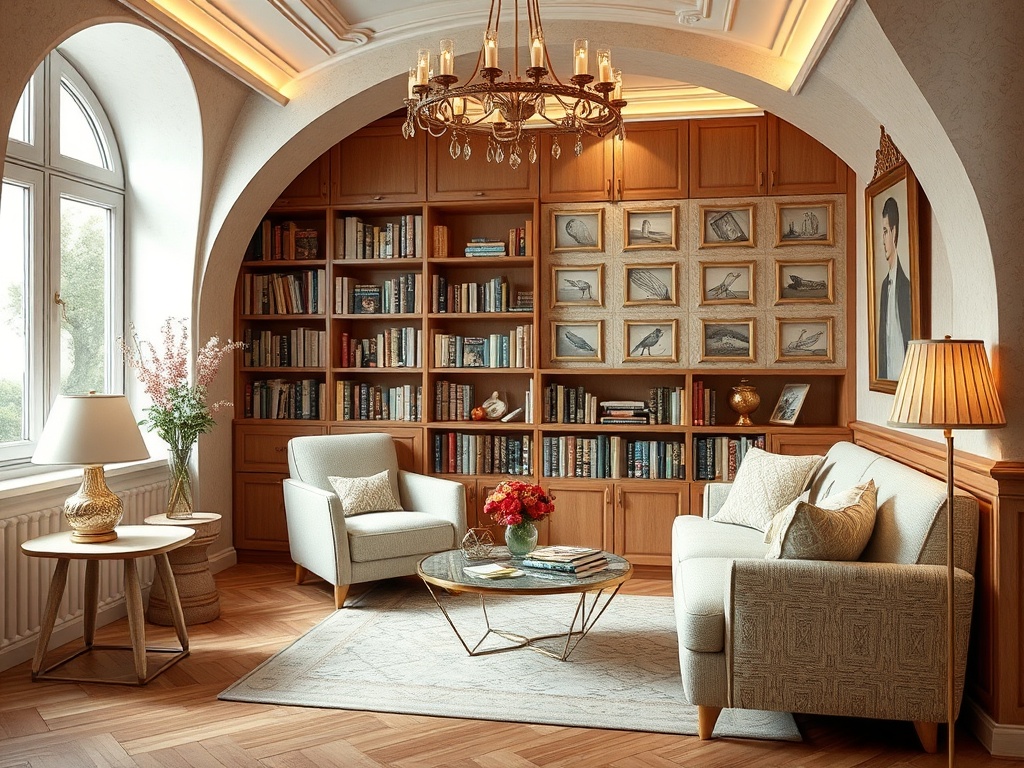 Уютная гостиная с книжным шкафом, мягкой мебелью и светильником, украшенная картинами и цветами.