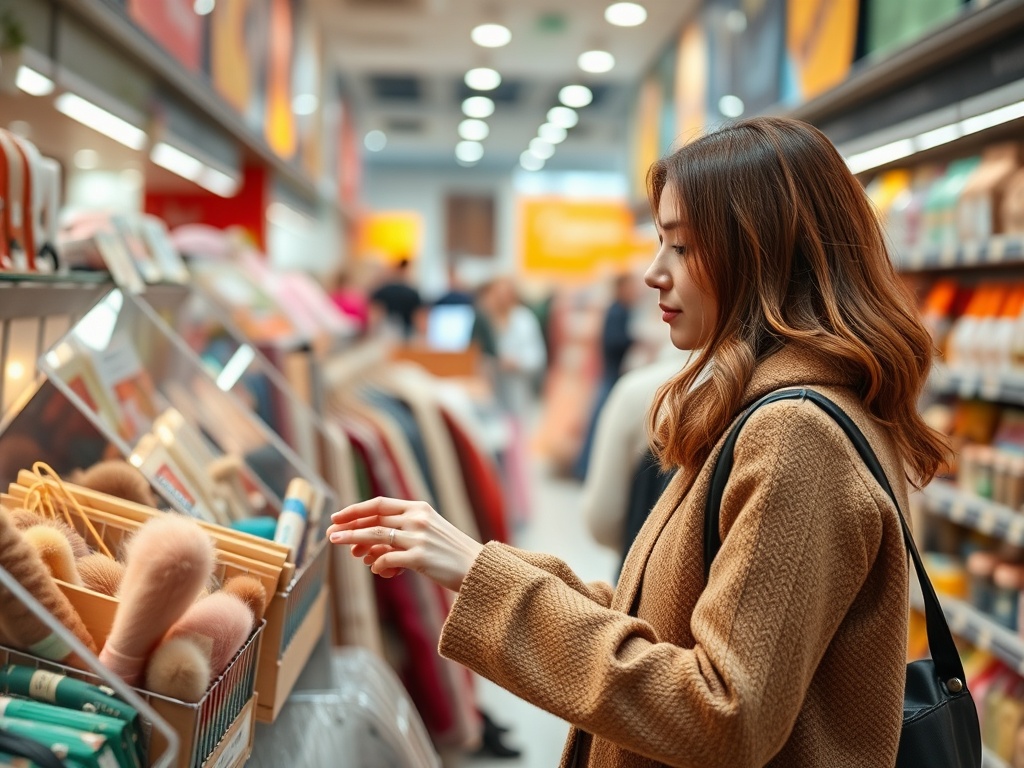 Женщина с длинными волосами выбирает косметические принадлежности в магазине. Витрина заполнена товарами.