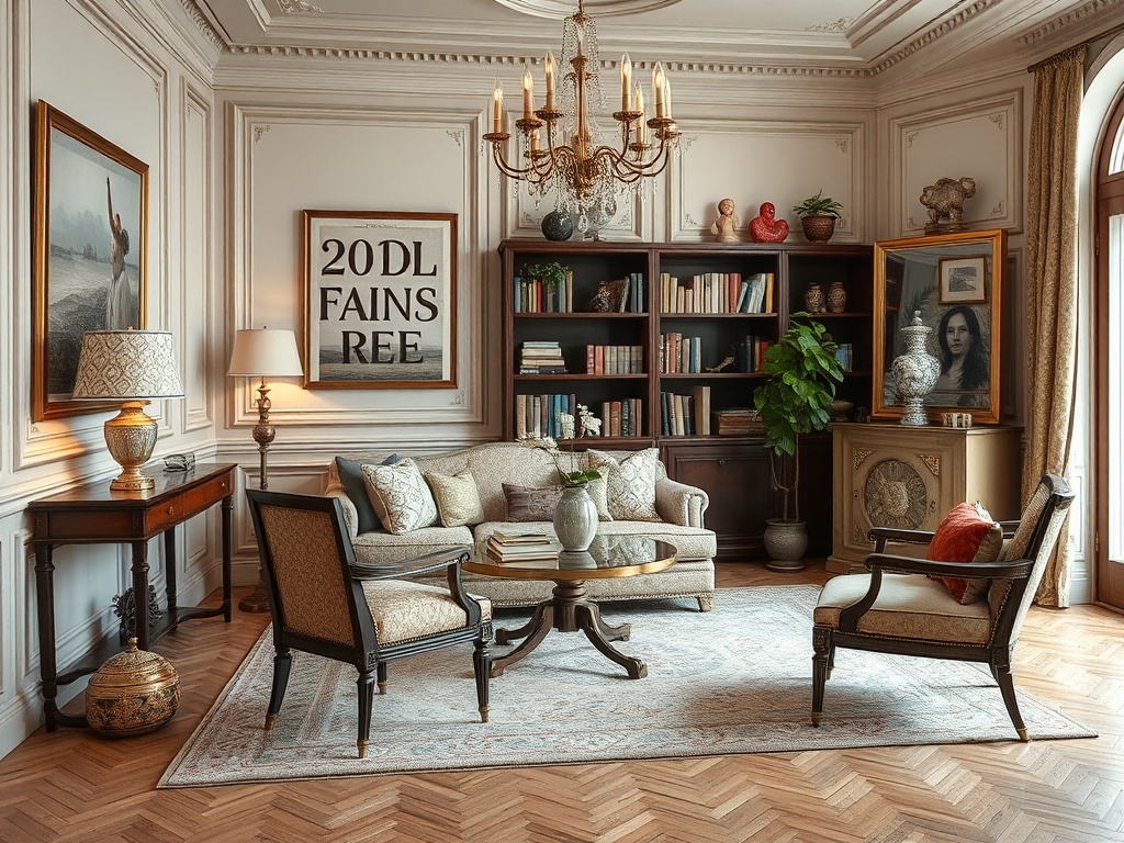 Уютная комната с креслами, диваном, книжным шкафом и люстрой на потолке в классическом стиле.